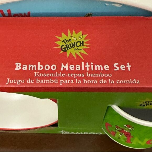 NEW- Dr Seuss The Grinch Kids Christmas 3 Pc Bamboo Dinnertime Set red & green - Picture 3 of 4